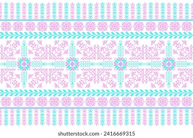 Floral pixel art pattern on white background.geometric ethnic oriental embroidery vector illustration.pixel style,abstract background,cross stitch.design for texture,fabric,cloth,scarf