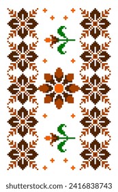 Floral pixel art pattern on white background.geometric ethnic oriental embroidery vector illustration.pixel style,abstract background,cross stitch.design for texture,fabric,cloth,scarf