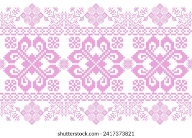 Floral pixel art pattern on white background.geometric ethnic oriental embroidery vector illustration.pixel style,abstract background,cross stitch.design for texture,fabric,cloth,scarf