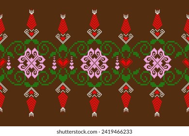 Patrón de arte de píxeles florales sobre fondo blanco.ilustración vectorial geométrica de bordado oriental.estilo de píxel,fondo abstracto,costado cruzado.diseño para textura,tela,tela,pañuelo