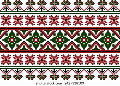 Floral pixel art pattern on white background.geometric ethnic oriental embroidery vector illustration.pixel style,flora chirstmas abstract background,cross stitch.design for texture,fabric,cloth,scarf