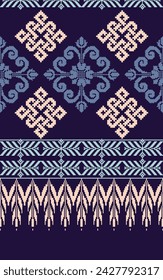 Floral pixel art pattern on white background.geometric ethnic oriental embroidery vector illustration.pixel style,abstract background,cross stitch.design for texture,fabric,cloth,scarf, table runner.