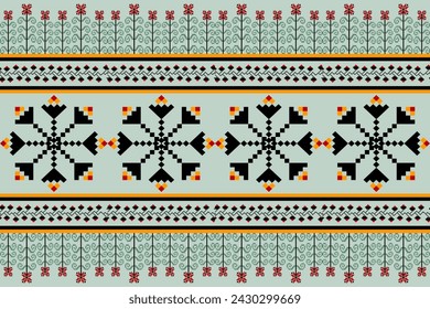 Floral pixel art pattern on green background.geometric ethnic oriental embroidery vector illustration.pixel style,flora chirstmas abstract background,cross stitch.design for texture,fabric,cloth,scarf