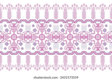 Floral pixel art pattern on white background.geometric ethnic oriental embroidery vector illustration.pixel style,abstract background,cross stitch.design for texture,fabric,cloth,scarf, table runner.