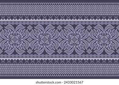 Floral pixel art pattern on white background.geometric ethnic oriental embroidery vector illustration.pixel style,abstract background,cross stitch.design for texture,fabric,cloth,scarf, table runner.