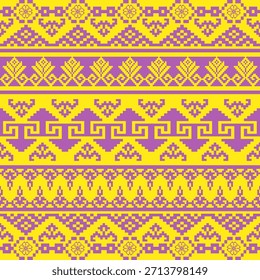 Patrón floral del arte del pixel púrpura en el fondo. Ilustración vectorial oriental étnica geométrica del bordado, fondo abstracto del estilo del pixel, punto de cruz. Diseño para la textura, tela, pañuelo, bufanda, corredor de la tabla.