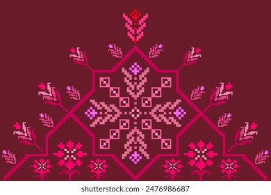 Floral pixel art pattern.Vector seamless pixel art.pixel style,abstract background,cross stitch.design for texture,fabric,cloth,scarf,decoration