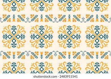 Floral pixel art pattern.Vector seamless pixel art.pixel style,abstract background,cross stitch.design for texture,fabric,cloth,scarf,decoration