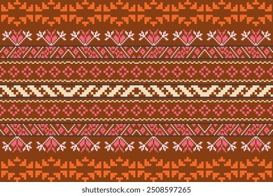 Floral pixel art pattern.Vector seamless pixel art.pixel style,abstract background,cross stitch.design for texture,fabric,cloth,scarf,decoration, Abstract ethnic aztec geometric pattern