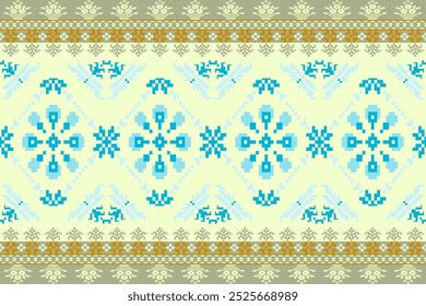 Floral pixel art pattern.Vector seamless pixel art.pixel style,abstract background,cross stitch.design for texture,fabric,cloth,scarf,decoration, Abstract ethnic aztec geometric pattern