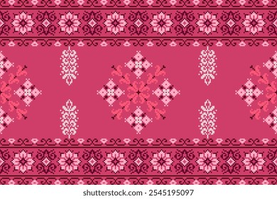 Floral pixel art pattern.Vector seamless pixel art.pixel style,abstract background,cross stitch.design for texture,fabric,cloth,scarf,decoration, Abstract ethnic aztec geometric pattern