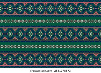 Floral pixel art pattern.Vector seamless pixel art.pixel style,abstract background,cross stitch.design for texture,fabric,cloth,scarf,decoration, Abstract ethnic aztec geometric pattern