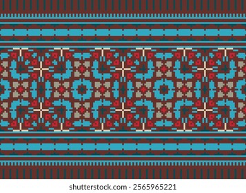 Floral pixel art pattern.Vector seamless pixel art.pixel style,abstract background,cross stitch.design for texture,fabric,cloth,scarf,decoration, Abstract ethnic aztec geometric pattern