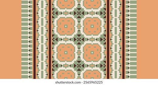Floral pixel art pattern.Vector seamless pixel art.pixel style,abstract background,cross stitch.design for texture,fabric,cloth,scarf,decoration, Abstract ethnic aztec geometric pattern