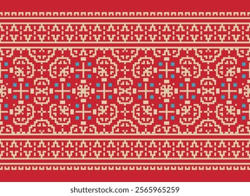 Floral pixel art pattern.Vector seamless pixel art.pixel style,abstract background,cross stitch.design for texture,fabric,cloth,scarf,decoration, Abstract ethnic aztec geometric pattern