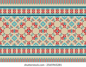 Floral pixel art pattern.Vector seamless pixel art.pixel style,abstract background,cross stitch.design for texture,fabric,cloth,scarf,decoration, Abstract ethnic aztec geometric pattern
