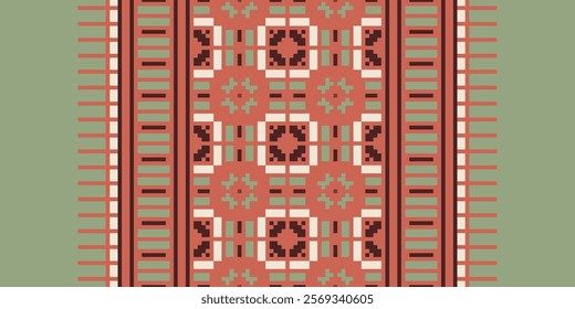 Floral pixel art pattern.Vector seamless pixel art.pixel style,abstract background,cross stitch.design for texture,fabric,cloth,scarf,decoration, Abstract ethnic aztec geometric pattern
