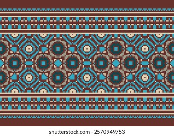 Floral pixel art pattern.Vector seamless pixel art.pixel style,abstract background,cross stitch.design for texture,fabric,cloth,scarf,decoration, Abstract ethnic aztec geometric pattern