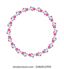 Floral Pixel Art Round ornament,Premium eps vector Floral Wreath Frame,Circle frame,pixel flower embroidery cross stitch design,Abstract paisley for greeting card home décor,Knitwear White Background