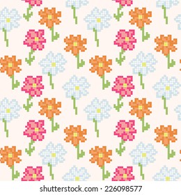 Floral pixel art seamless pattern