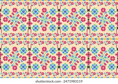 Floral Pixel Art Seamless Pattern, flor bordado pixel art, ikat y punto de cruz patrón nativo Textura Textil Tela Ropa Ropa de punto estampado abstracto de fondo marco decoración motivos Fondo de pantalla