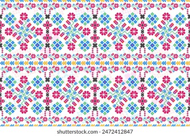 Floral Pixel Art Seamless Pattern, flor bordado pixel art, ikat y punto de cruz patrón nativo Textura Textil Tela Ropa Ropa de punto estampado abstracto de fondo marco decoración motivos Fondo de pantalla.