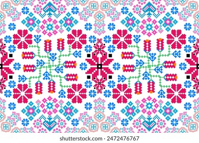 Floral Pixel Art Seamless Pattern, flor bordado pixel art, ikat y punto de cruz patrón nativo Textura Textil Tela Ropa Ropa de punto estampado abstracto de fondo marco decoración motivos Fondo de pantalla.