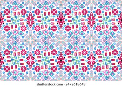 Floral Pixel Art Seamless Pattern, flower embroidery pixel art, ikat and cross stitch native pattern Texture Textile Fabric Clothing Knitwear print abstract background frame décor motifs wallpaper.