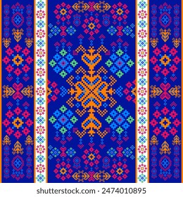 Floral Pixel Art Nahtloses Muster für 
Vorhänge Teppich, Blumenstickerei Pixel Art, Ikat und Kreuzstich native Muster Textur Textile Stoff Print abstrakter Hintergrund Home Decor Motive Bildschirmhintergrund.