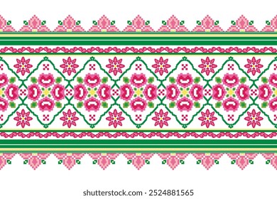 Floral Pixel pattern old handmade cross-stitch ethnic Ukrainian pattern.Dot with ornament, called rushnyk in vector, Imitation of the vintage blanket with embroidery, clothing, carpet, trditional patt