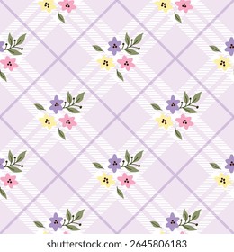 Floral Plaid Pattern for Spring Designs. Floral pattern on purple Diagonal Stripe Gingham background. Design for tartan, plaid, tablecloths, shirts, dresses, paper and more