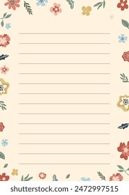 Floral planner template for daily notepad, weekly schedule, agenda, memo, to do list, organizer, checklist, decorated with colorful tiny wild flowers, leaves and nature elements. Vector illustration
