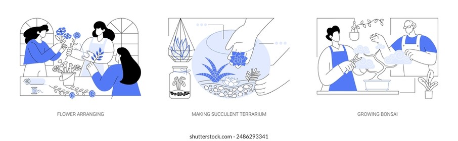 Floral and plant design classes isolated cartoon vector illustrations set. Flower arranging workshop, create bouquet composition, making succulent terrarium, growing bonsai tutorial vector cartoon.