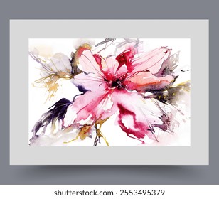 Floral plant on abstract watercolor poster with bright flower with large pink petals. Floral composition with wildflower for design of literature about flora and plant growing or botany. Print, decor