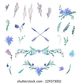 Floral, plants, branches and arrow set. Vintage watercolor objects set.