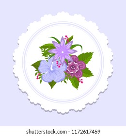 Floral plate decor vector design. Banner with colorful bouquette with green leaves illustration