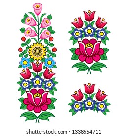 Floral Polish folk art vector design elements, motifs for weddding invitation, greeting card, Zalipie patterns with flowers