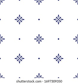 Floral polka dot geometric seamless pattern. Dark blue simple vector flowers on white background. Simple vector geometric illustration. Polka dot design for printing on textile, fabric, paper