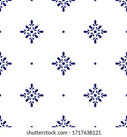 Floral polka dot geometric seamless pattern. Dark blue simple vector flowers on white background. Simple vector geometric illustration. Polka dot abstract design for printing on textile, fabric, paper