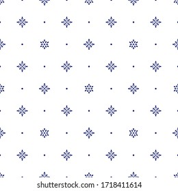 Floral polka dot geometric seamless pattern. Dark blue simple vector flowers on white background. Simple vector geometric illustration. Polka dot abstract design for printing on textile, fabric, paper