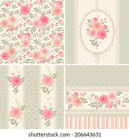 La polka floral tiene los antecedentes y las fronteras. Conjunto de patrones vectoriales con rosas, arcos y encajes escaladores.