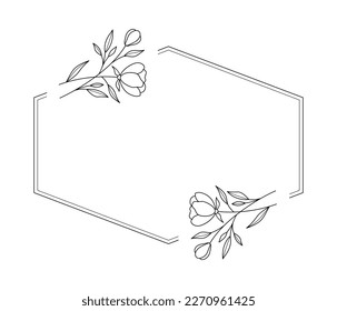 Floral and polygon hand drawn style. Floral black and white frame of twigs leaves and flowers. Frames for the Valentine’s Day, wedding decor, logo and identity template.
