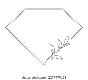 Floral and polygon hand drawn style. Floral black and white frame of twigs leaves and flowers. Frames for the Valentine’s Day, wedding decor, logo and identity template.