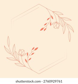 Floral polygon hand drawn style. Floral red frame of twigs, leaves and flowers. Frames for Valentine’s Day, wedding decor, logo and identity template.
