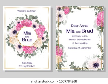 Floral polygonal golden frame. Pink and beige peonies, white anemones, eucalyptus, green plants and leaves.