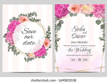 Floral polygonal golden frame. Pink peonies, roses, hydrangea, eucalyptus, green plants and leaves.