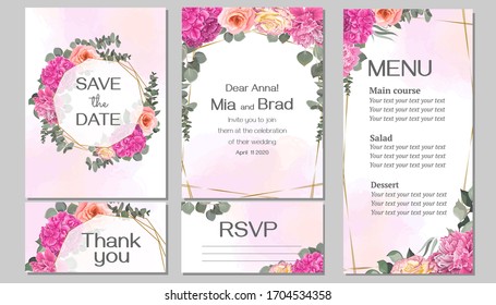 Floral polygonal golden frame. Pink peonies, roses, hydrangea, eucalyptus, green plants and leaves. Invitation card, thanks, rsvp, menu.
