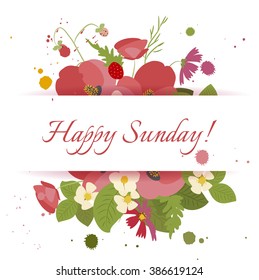 Floral poppy and cosmos strawberries background vector illustration. Sprig of mimosa, flowers and leaves of sakura, cherry and magnolia, spring background, floral greeting card