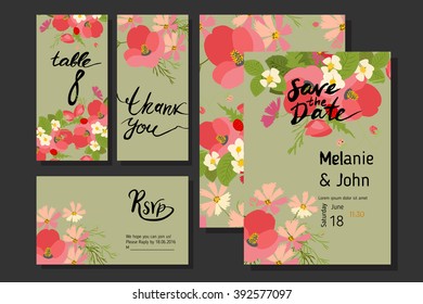 Floral poppy and cosmos strawberries background vector illustration. Sprig of mimosa, flowers and leaves of sakura, cherry and magnolia, spring background, floral greeting card