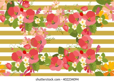 Floral poppy and cosmos strawberries background vector illustration. Sprig of mimosa, flowers and leaves of sakura, cherry and magnolia, spring background, floral greeting card
